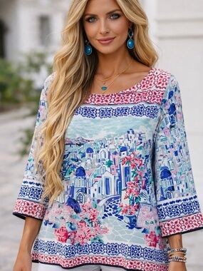 Charter Club Santorini Mediterranean Print Blouse XL Coastal Boho Resort Vacatio